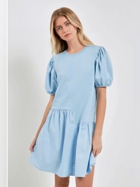 English Factory Sky Blue Puff-Sleeve Tiered Mini Dress